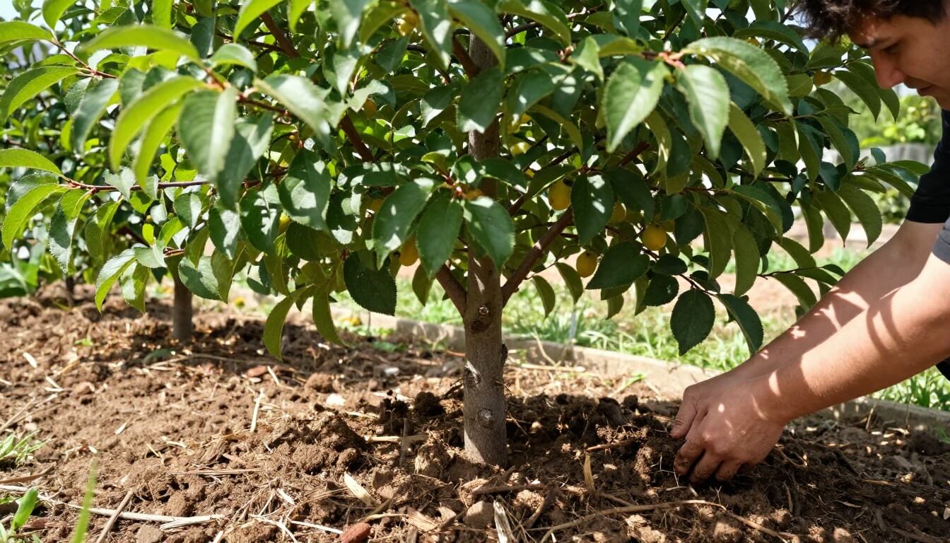 mirabellier planté dans sol drainé avec paillage et inspection manuelle