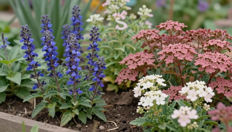 massif naturel de fleurs en S avec sauges sedums spirées