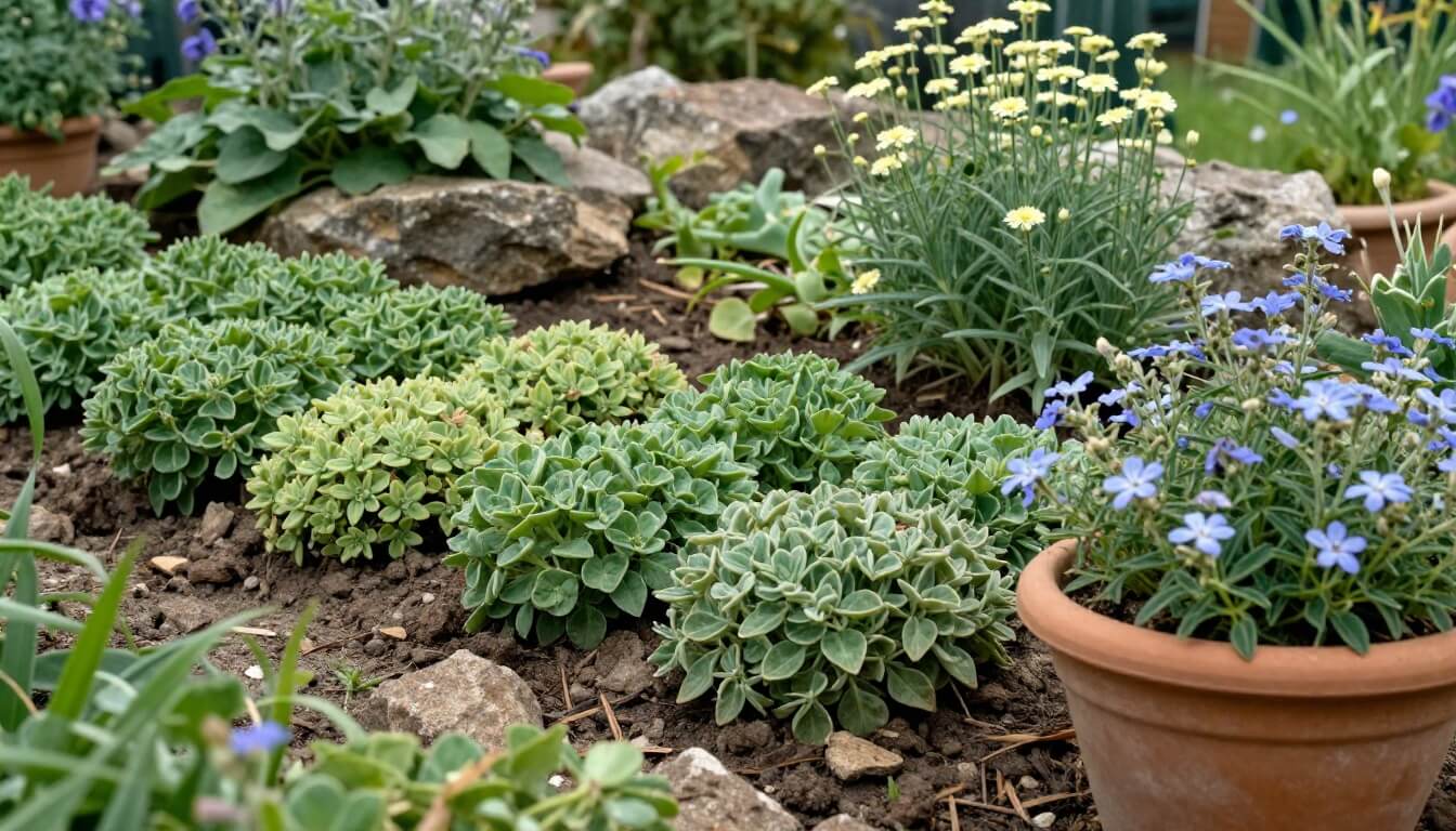 jardin naturel avec sedum en rocaille et sauge en pot balcon