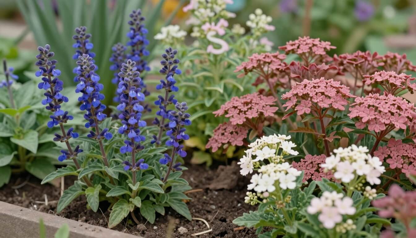 massif naturel de fleurs en S avec sauges sedums spirées