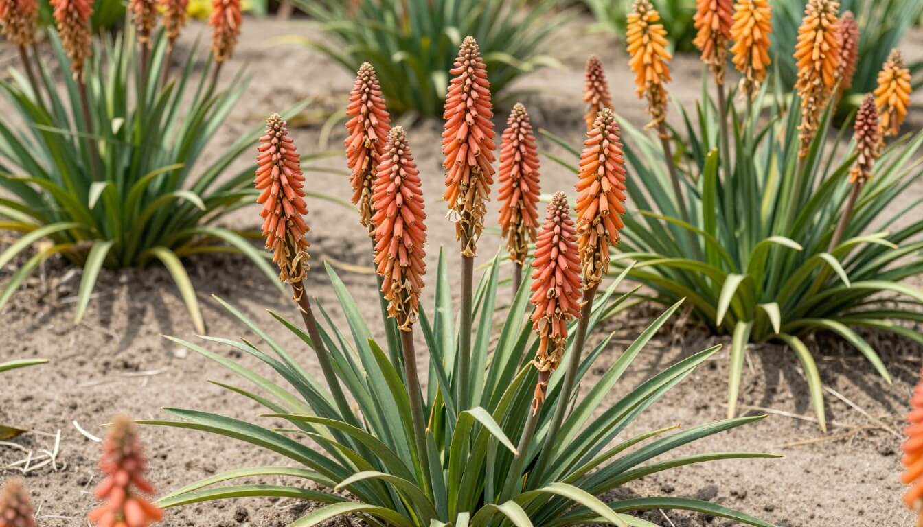 plants de watsonia en fleurs corail dans un sol bien drainé