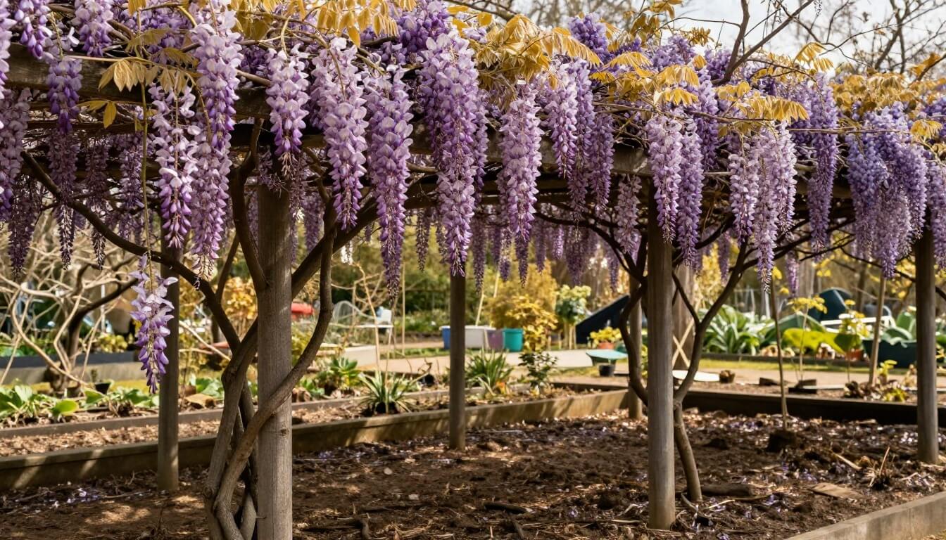 glycine en fleurs mauves couvrant une pergola en jardin naturel