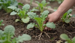 détail de plantes potagères en jardin écologique avec mains au travail