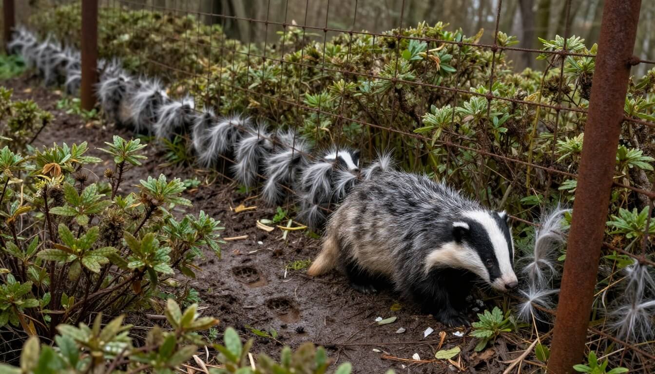 coulée et poils bicolores près d'une latrine de blaireau