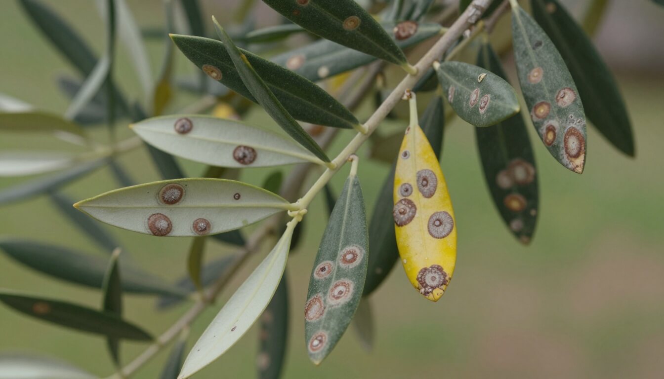 feuilles d'olivier atteintes de maladies fongiques en été