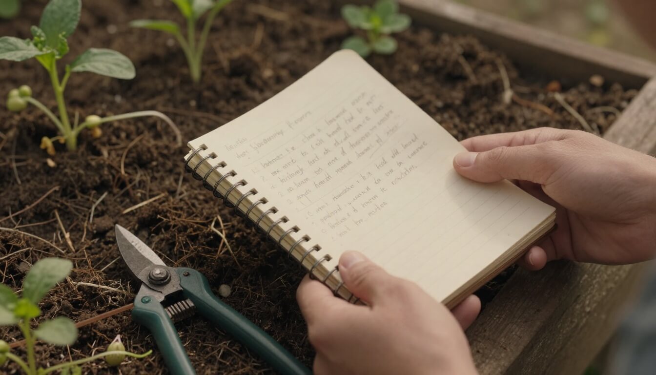 mains tenant un carnet de jardinage entouré d'éléments naturels
