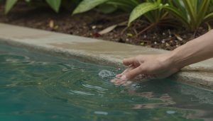 main touchant eau piscine naturelle à 22 degrés