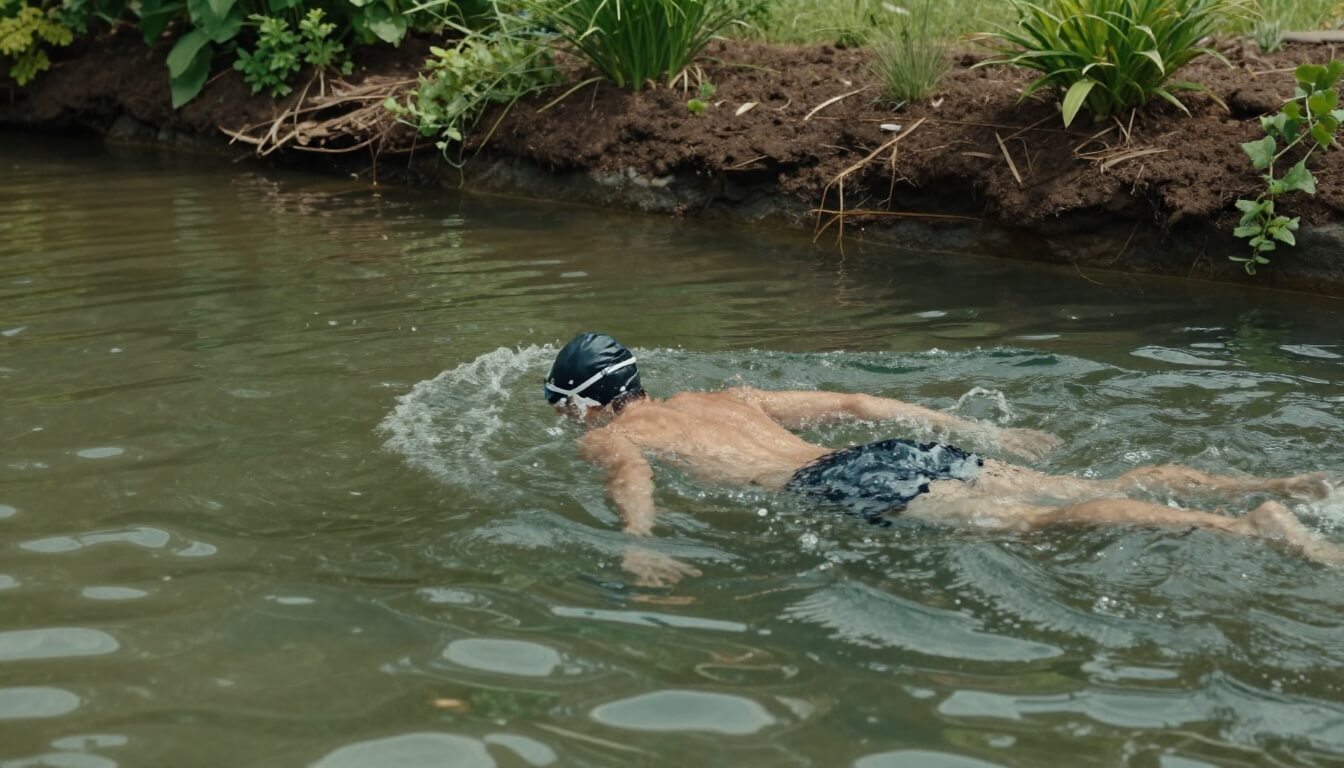 nageur actif dans piscine extérieure naturelle immersion 22 degrés